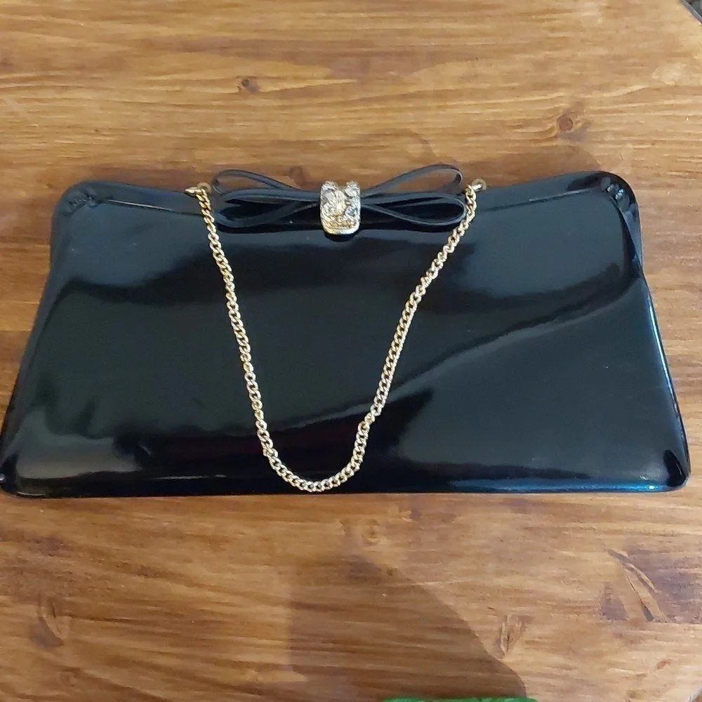 Vintage Black VINYL RETRO Bow Clutch evening bag Gold strap Sleek elegant